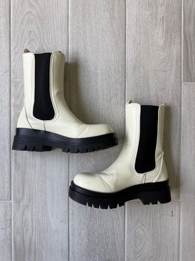 Cream Chelsea Lug Boots with Black Elastic Panels